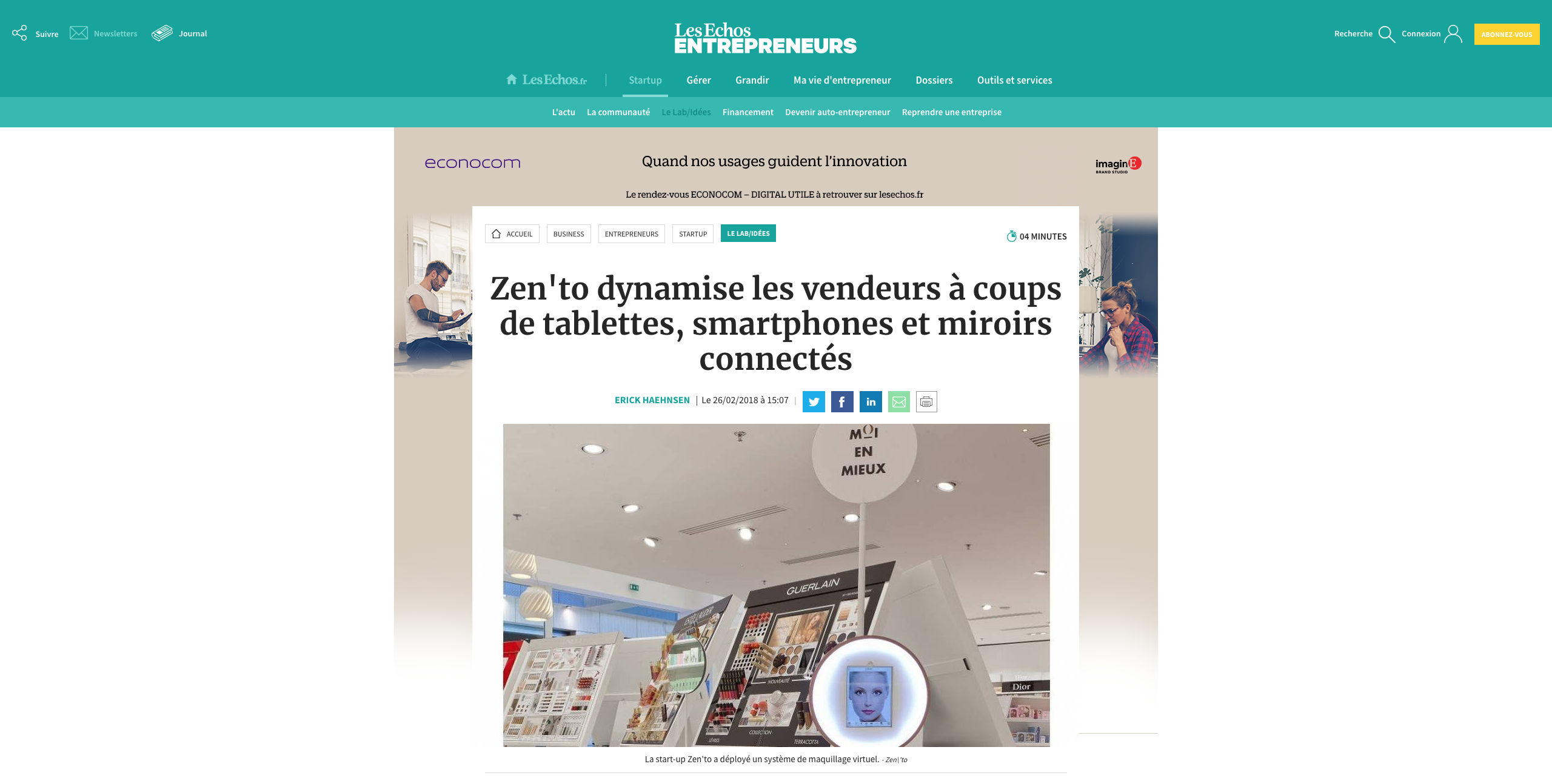 Capture d'écran de l'article sur Zen'to par le journal Les Echos