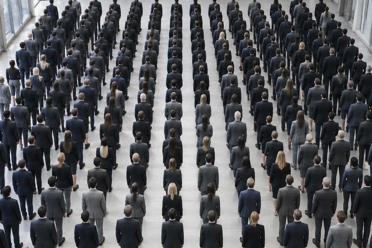 Assemblée de personnes parfaitement alignées, illustrant l'unité retrouvée grâce à une plateforme agentique commune